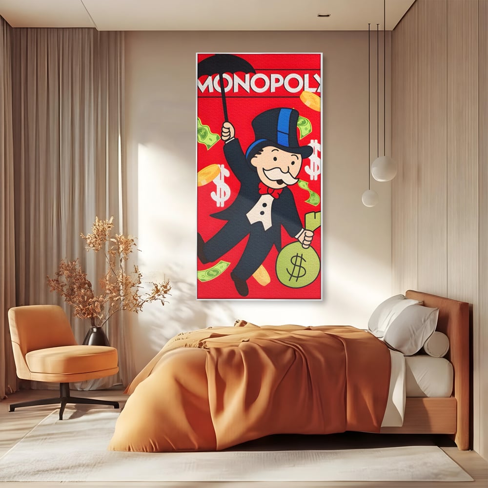 Tablou canvas cu tablou canvas cu domnul monopoly pe fond rosu, in rama de aluminiu argintiu, pe perete intr-un dormitor